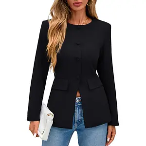 Lazysmile Blazers for Women Long Sleeve Crewneck Button Down Suit Jackets Work Office Business Casual Outfits with Pockets