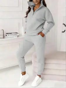 Two-piece women's solid-color casual crew-neck fitted pullover with long sleeves and elastic waist and drawstring pants, suitable for both indoor and outdoor wear Womenswear