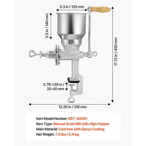 VEVOR Manual Grain Mill with High Hopper, Hand-Crank Corn Grinder, Heavy Duty Cast Iron Wheat Grinding Mill with Stable Table Clamp for Grains Spices Coffee Beans Nuts