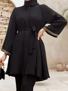 Women's Solid Color Long Sleeve Belted Blouse, Casual Round Neck Top for Daily Wear, Ladies Islamic Clothing, Modest Clothes for All Seasons