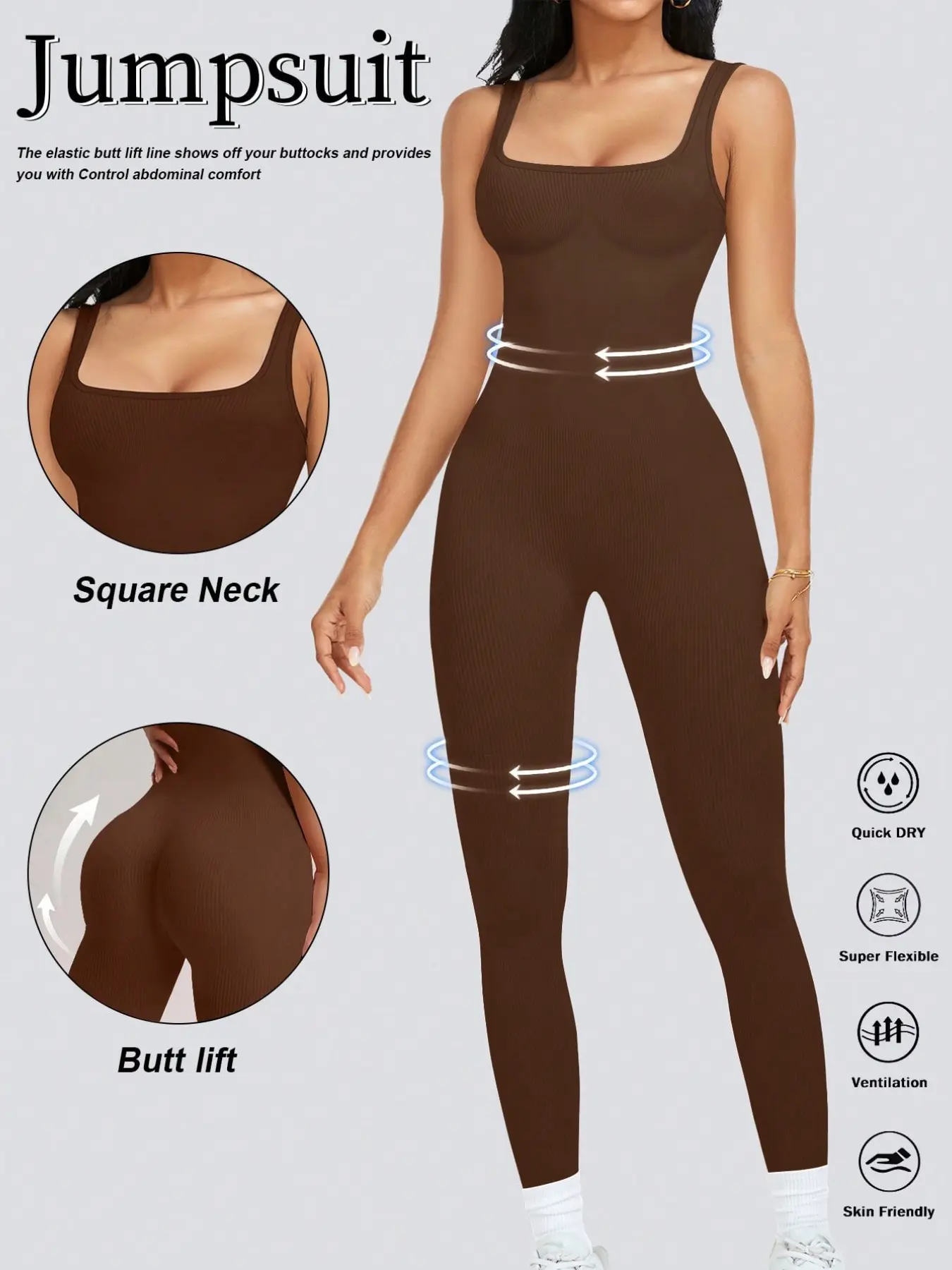 Womens Workout Rompers Jumpsuits Seamless Ribbed Yoga Gym One Piece Sleeveless Square Neck Tank Top Leggings Unitard Stylish Activewear, Sporty Stretch Jumpsuit