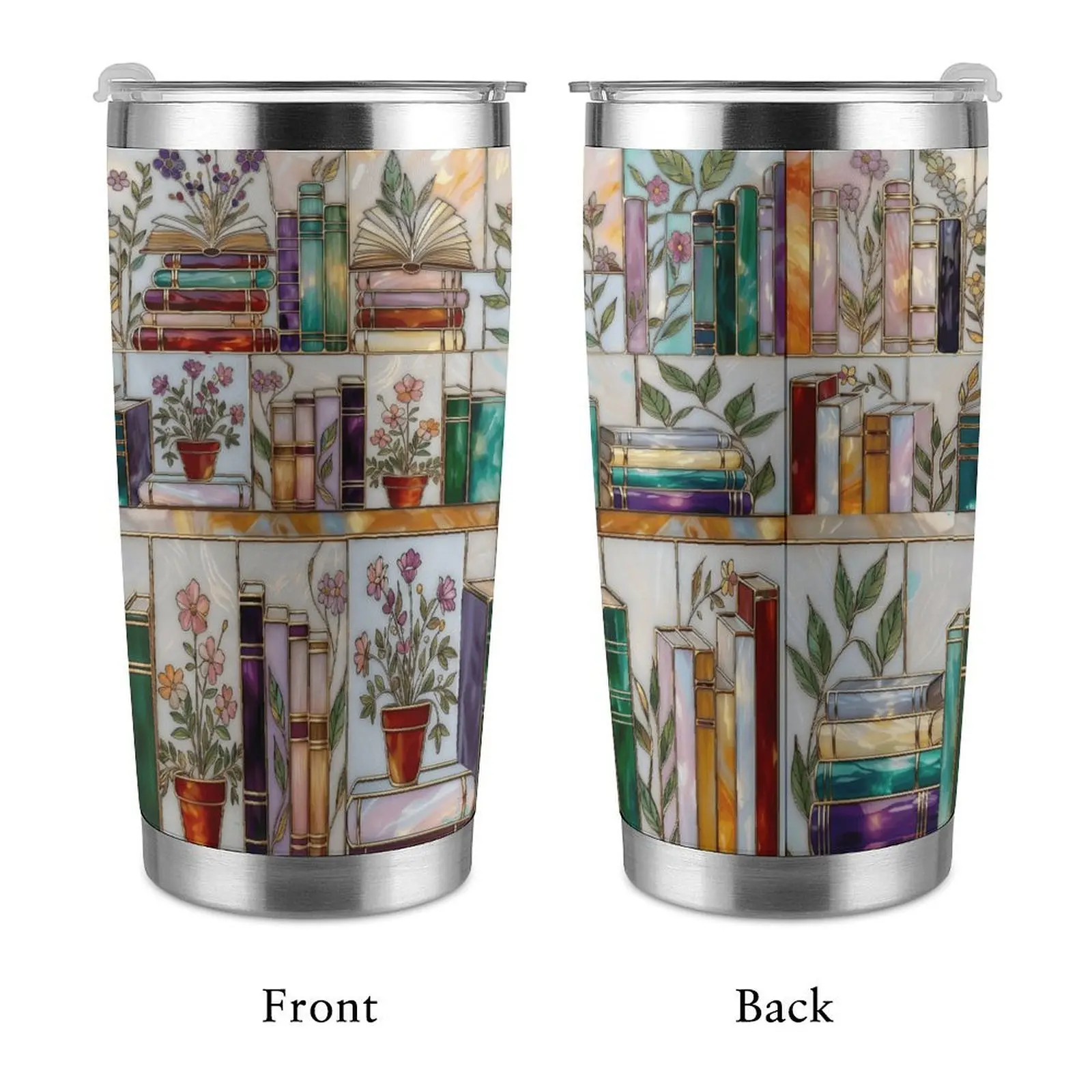 Stained-Glass Book Design 20oz Tumbler | Double/Single Silver Rim & Skinny Styles | Floral Bookshelf Bookish Cup | Library Tea & Coffee Mug, Gift for Friends | Kitchen Drinkware | Dealsforyou, Summerwins