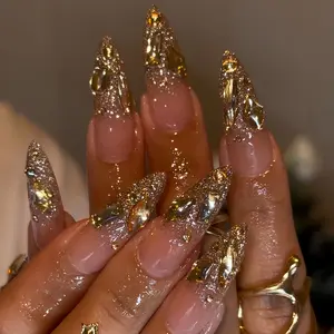 24 Pcs Long Almond Shape Glossy False Nails, Gradient Rhinestones, Glossy Finish, Reusable, Perfect for Parties & Events