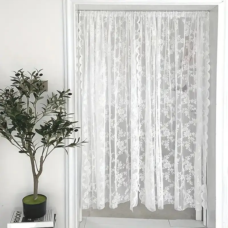 1 Piece Rose Embroidered Lace Door Curtain, Home Decorative Transparent Curtain For Home Party