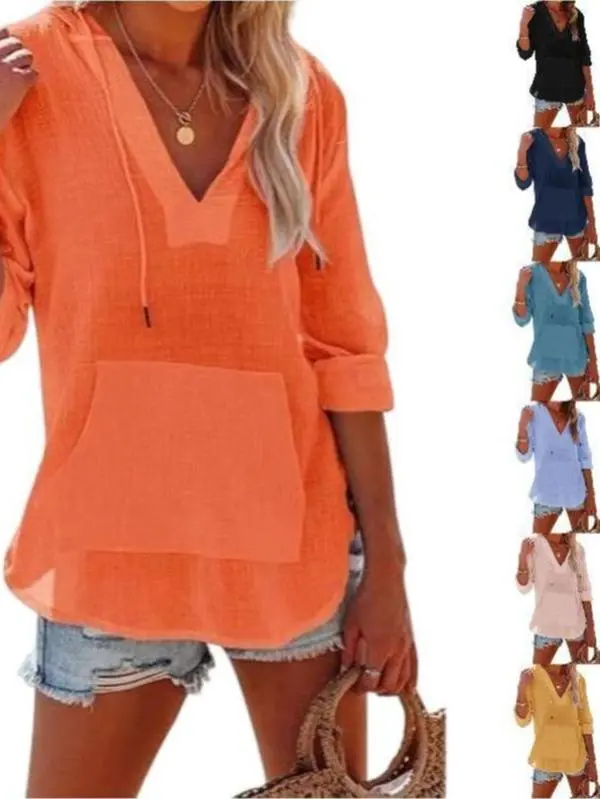 Women's 100% Cotton Loose Fit Pullover Beach Cover-Up Hoodie Tops, Long Sleeve, Drawstring Hood, Kangaroo Pocket, Side Slits, Cold Wash, Shape While Damp, Outdoor Sports & Casual Beach Wear