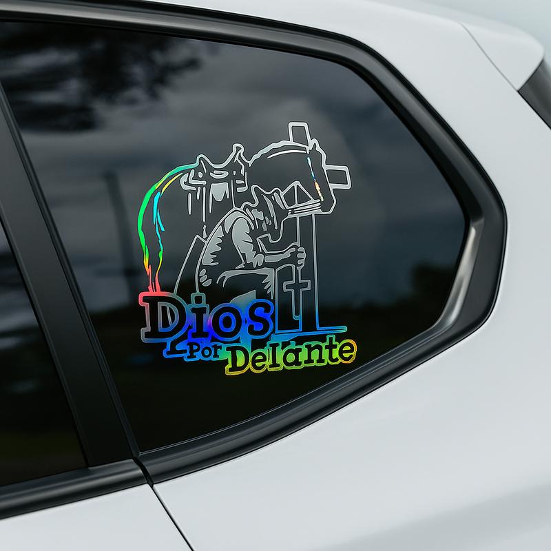 2Pcs Cowboy Dios por Delante Religious Holographic Car Decal - High Definition Waterproof Christian Cross Sticker for Laptops Hardhats Bumpers Helmets Cars & Gear, Texan Cowboy Car Sticker
