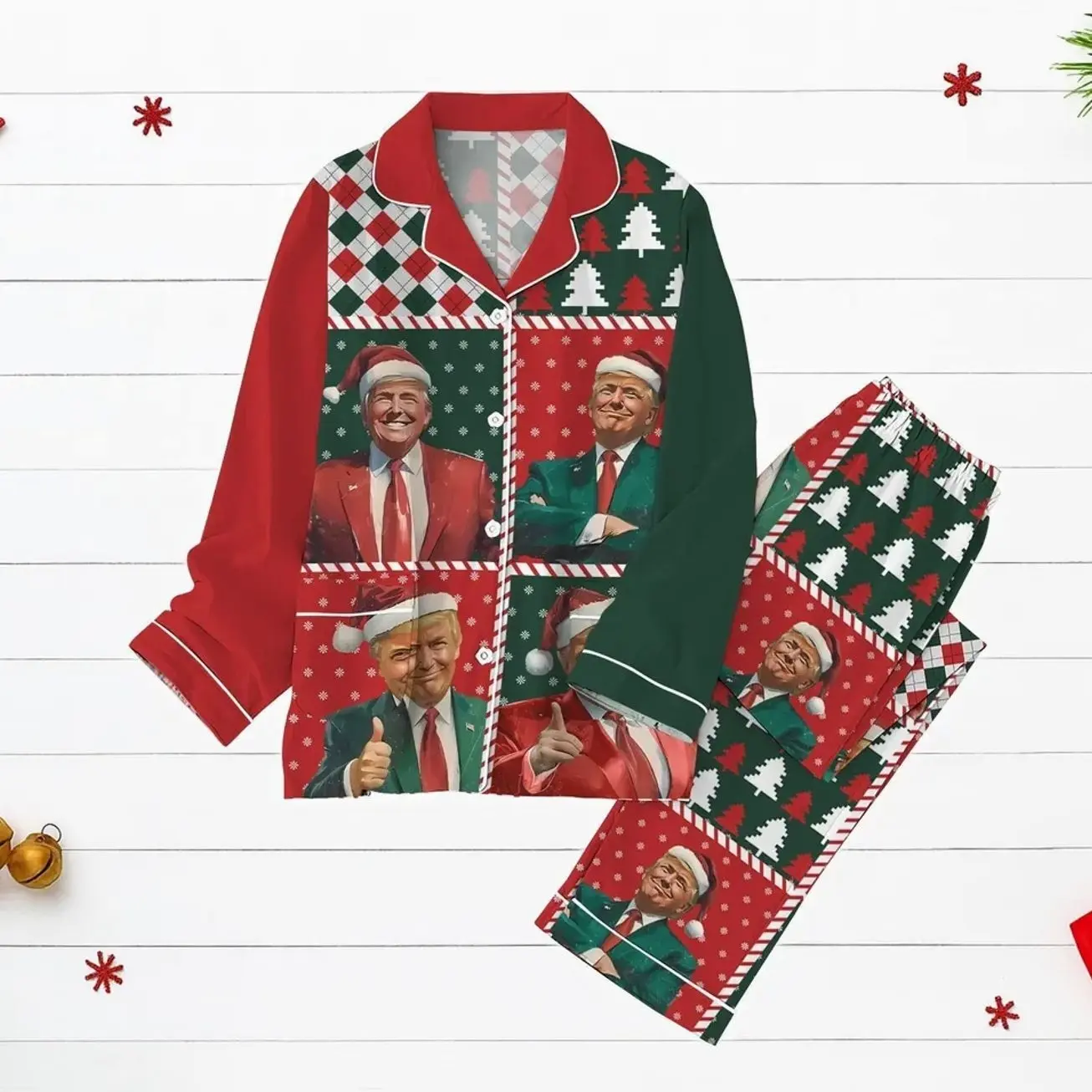 Trump Christmas Pajamas Set, Funny Santa Suit Holiday Sleepwear, Festive Political Xmas PJs Gift, Funny Trump Santa Pjs Gift