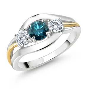 Gem Stone King 925 Silver and 10K Yellow Gold Blue Diamond and White Moissanite 3-Stone Ring For Women | 1.01 Cttw | Round 5MM and 4MM | Two-Tone Split-Shank Wedding Anniversary Promise Ring