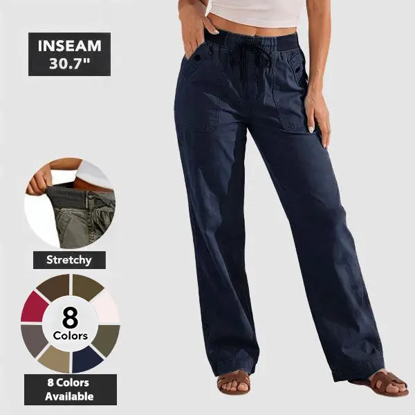 Flamingals Solid Seam Detail Drawstring Mid Rise Straight Leg Pants High Stretch Fabric Women's Wear Minimalist Fit Basic Style Multiple Colors