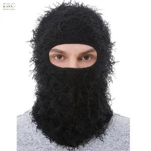 EC Distressed Fluffy Knitted Full Face Balaclava, Stylish Yeat Shiesty Ski Mask Head Cover Suitable for Men Women Daily Outdoor Wear