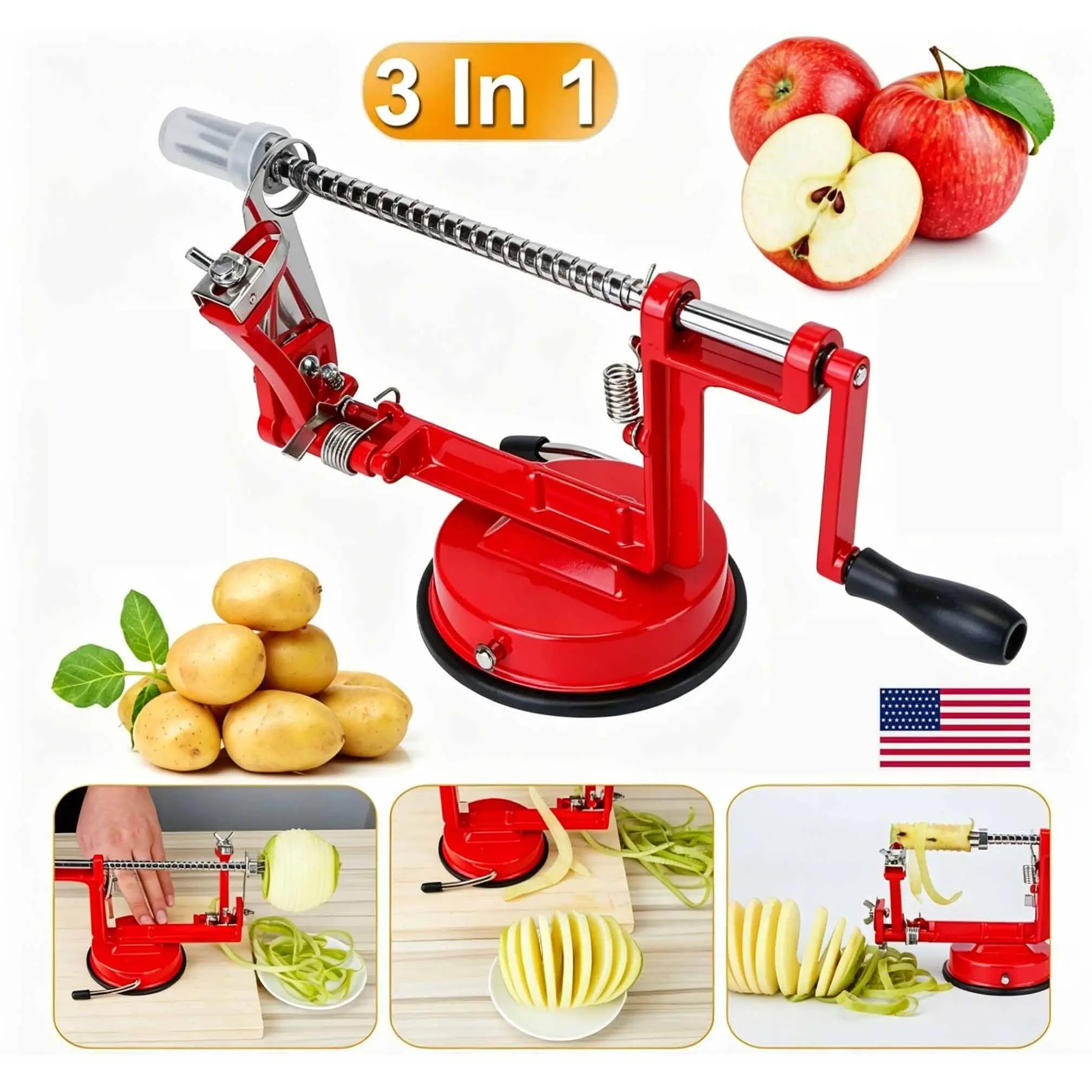 3-in-1 Kitchen Fruit Vegetable Peeler Slicer Corer, Hand Crank Stainless Steel Apple Peeling Machine, Anti-Rust Zinc Alloy Suction Base Design for Apple Potato Orange Grapefruit