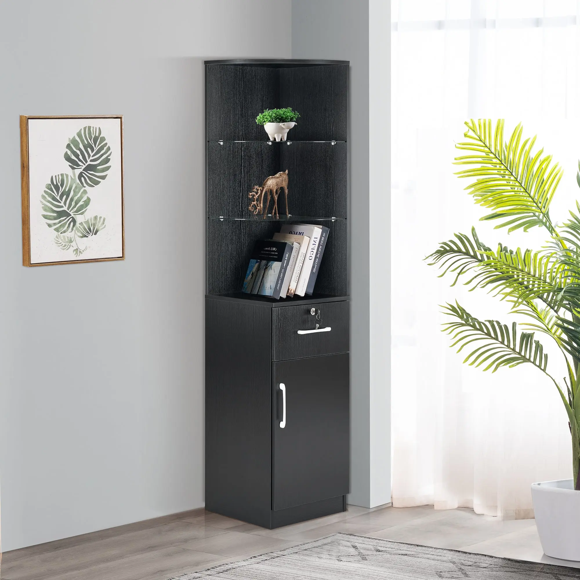 BarberPub Barber Salon Corner Storage Cabinet with Glass for Home Office 3200