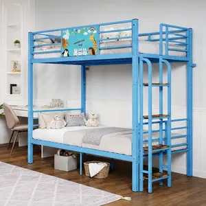 ARCH Twin Over Twin Metal Bunk Bed Frame with Ladder, Heavy Duty Slat Support, No Box Spring Needed, Space Saving for Bedroom Dorm, Blue, 41.59W x 82.99D x 67.32H in, Modern Style, Easy Assembly, Separates into 2 Twin Beds, Twin Size Options