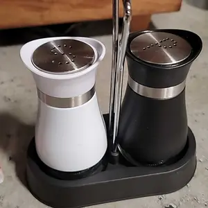 Salt & Pepper Shaker Set with Holder, 1 Set 4oz Salt Shaker with Stainless Steel Lid, Seasoning Utensils for Kitchen Cooking BBQ, Housewarming Gift