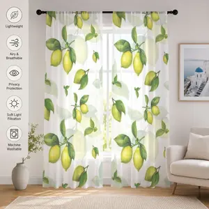 2pcs watercolor lemon and leaf sheer curtains, used for light filtering and privacy protection, bright yellow citrus fruits paired with fresh lime green leaves, rod pocket design, suitable for home decoration, living room, bedroom, and kitchen use