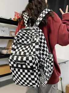 Women's New Fashion Chessboard Pattern Backpack, Casual Versatile Student Bag, Large Capacity Lightweight Canvas School Bag Backpacks Women