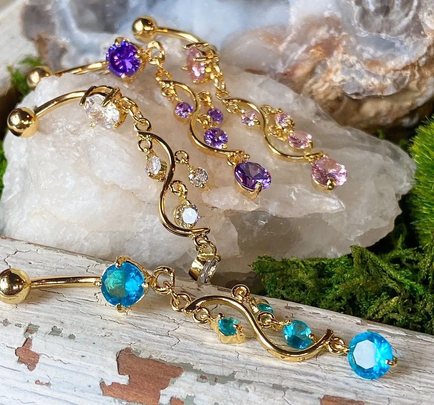14kt Gold Plated CZ Gem Vine Dangle Belly Ring Navel Piercing Pierced Naval