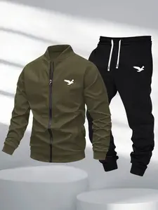 Men's two-piece bird pattern print pilot jacket and jogger pants set, suitable for spring and autumn casual outdoor wear