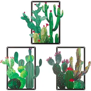 pechpell 3 Piece Green Metal Cactus Wall Decor, 12.2*11.8 Inch Southwestern Desert Plants Wall Art Sculpture, Western Arizona Bathroom Living Room Bedroom Decorations for Home