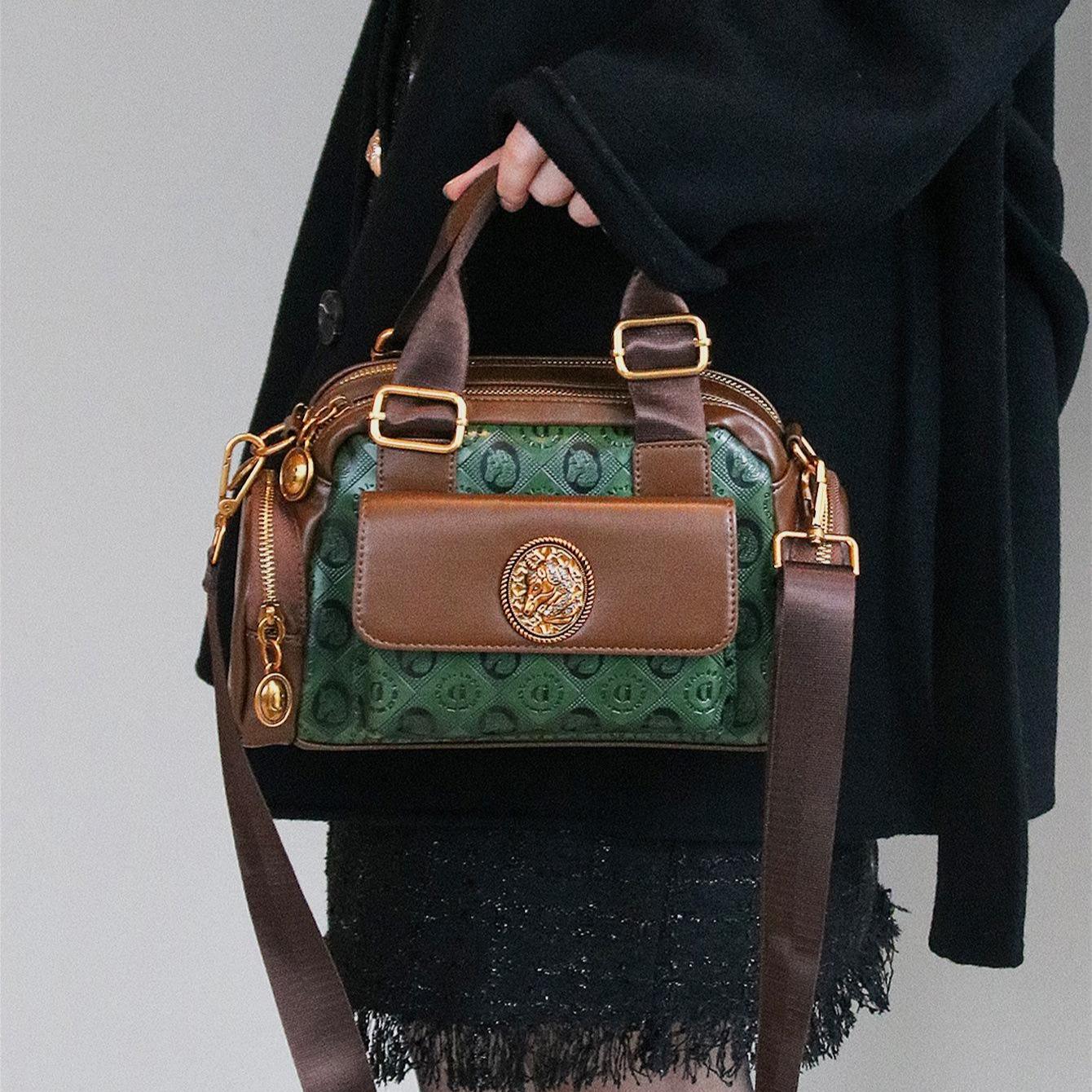 Vintage Embossed Faux Leather Boston city real Bag Equestrian Style Satchel Purse luxury designer