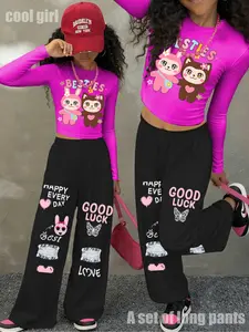 Girls' Sweet Cute Two-Piece Set, Rabbit Bear Fun Print Short Top + Heart Butterfly Wide Leg Pants, Casual Comfortable, Casual Outfit Set, Casual Fashion Set