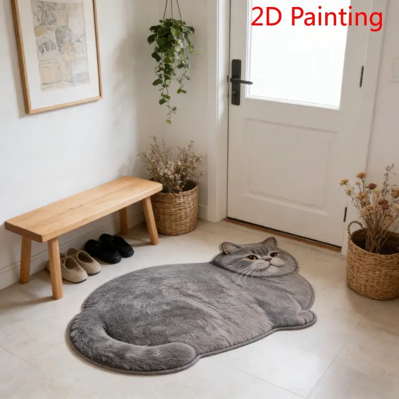 2D Painting, tilting the head to kill the blue cat, special-shaped floor mat at the bathroom door, cat entrance non-slip carpet, washable hat room lounge carpet, Machine Washable Rug