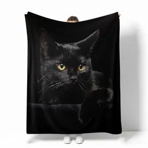 Cute Black Cat Print Flannel Throw Blanket Soft Warm Multi Purpose for Nap Couch Sofa Office Bed Camping Traveling Holiday Gift