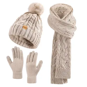 3PC Womens Cable Knit Beanie Scarf Gloves Set, Thick Warm Winter Pom Pom Hat with Fleece Lining and Touchscreen Gloves