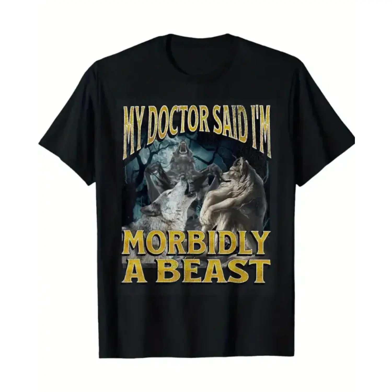 Women's Wolf Meme Graphic Print T-Shirt, Soft Streetwear Short-Sleeve Casual Tee, Humorous "Morbidly A Beast" Retro Top, Shortsleeve, Comfortable Cut, Wolf Meme Art, Year-Round, Machine Wash, Fitted