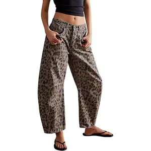 Women's Baggy Barrel Jeans Casual Boyfriend Mid Rise Leopard Printed Wide Leg Denim Ankle Pants