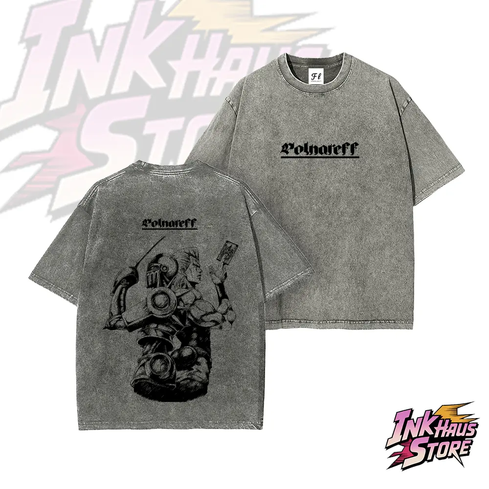 Jean Pierre Polnareff and his Stand, "Silver Chariot," from *JoJo's Bizarre Adventure*，anime fashion streetwear gym fit--Short Sleeve Cotton Unisex Retro wash Tee