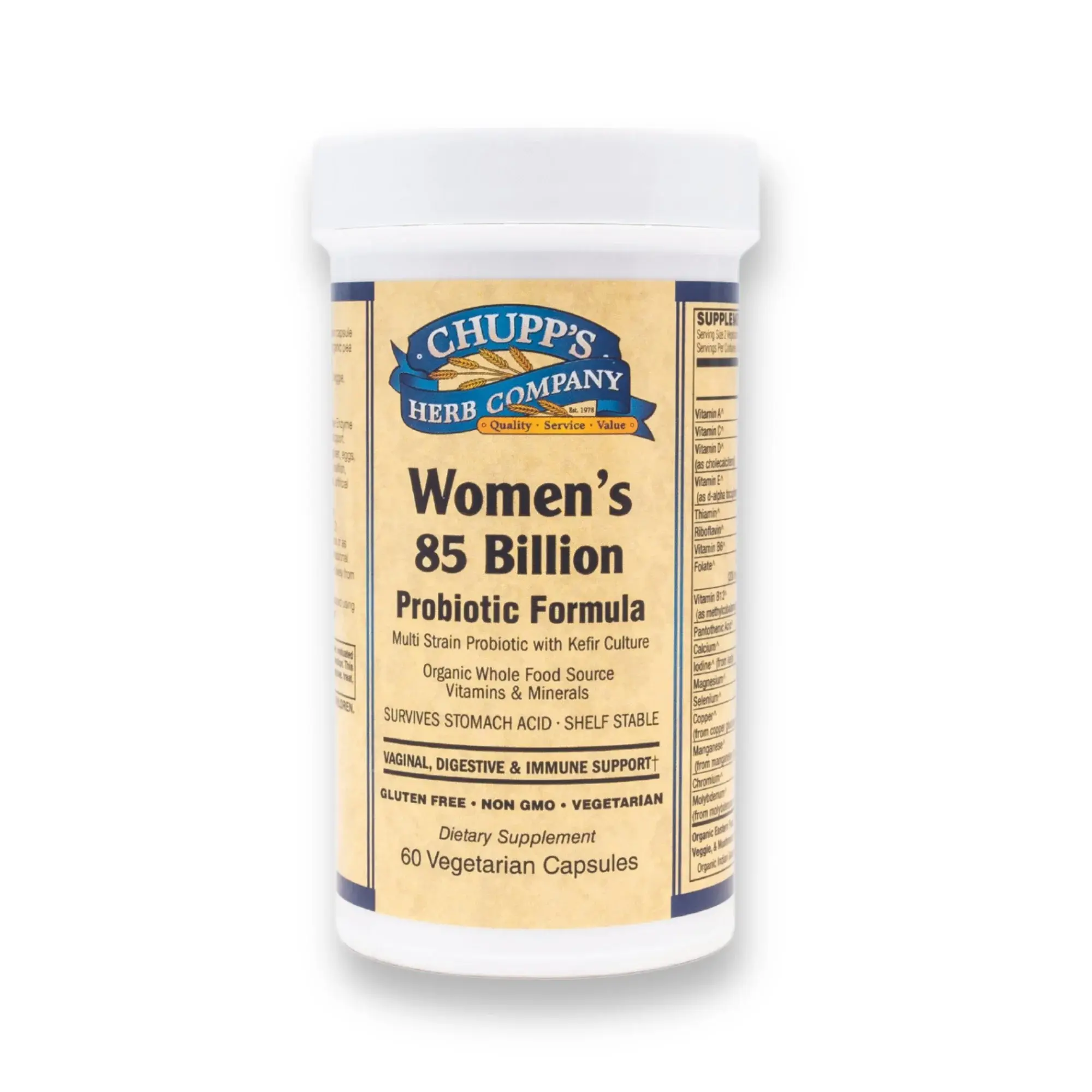 Chupp's Herb Company Women's 85 Billion Probiotic Formula - Multi Strain with Kefir Culture, Organic Whole Food Source, Gluten Free, 60 Vegetarian Capsules