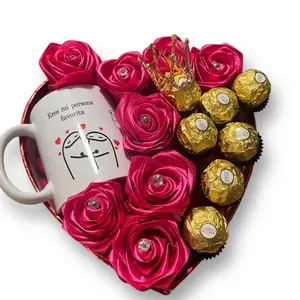 Luxury Heart Shape Box With Pink Eternal Roses, chocolates and personalized mug.