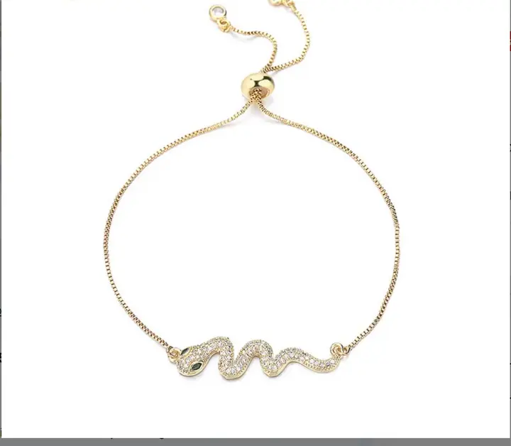 18K Gold Plated Adjustable Push-Pull Chain Bracelet with Sparkling Cubic Zirconia Charm