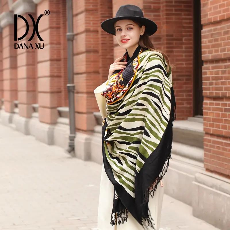 DANA XU 100% Merino Wool Extra Large Pashmina Blanket Scarf Cashmere Wrap Fall Winter Oversize Shawl Floral Women's Fashion Long poncho Open Front