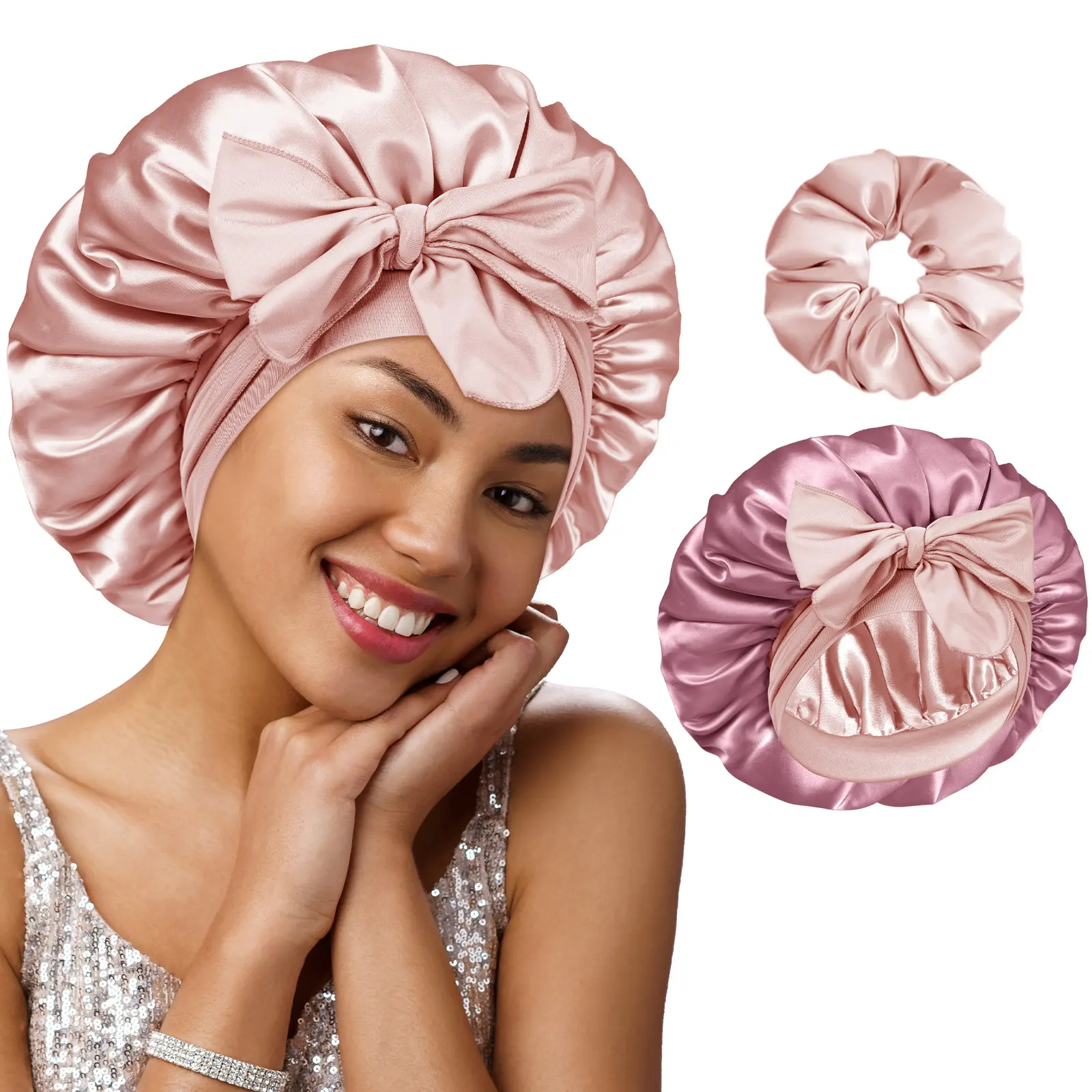 BONNET QUEEN Women's Satin Bonnet Hat for Curly Hair - Pink Champagne/Rose Gold, Hyaluronic Acid Double Filler, Adjustable Reversible Elastic Band with Scrunchie, Machine Washable Anti-Frizz Heatless Haircare Accessory (Smooth Hair Gift Idea)