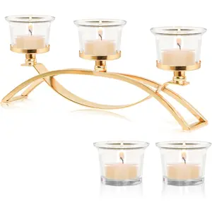 3-Arm Metal Tea Light Candle Holder Set with 5 Glass Cups, Votive Candle Holders Centerpiece Candelabra for Wedding Table Decor, Home Gatherings and Holidays (Gold, 5 Cups)