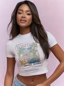 MISSGUIDED Cropped Baby Top With Positano Amalfi Coast Italian Summer Citronnade Palm Tree Autumn Fall Leafs Print