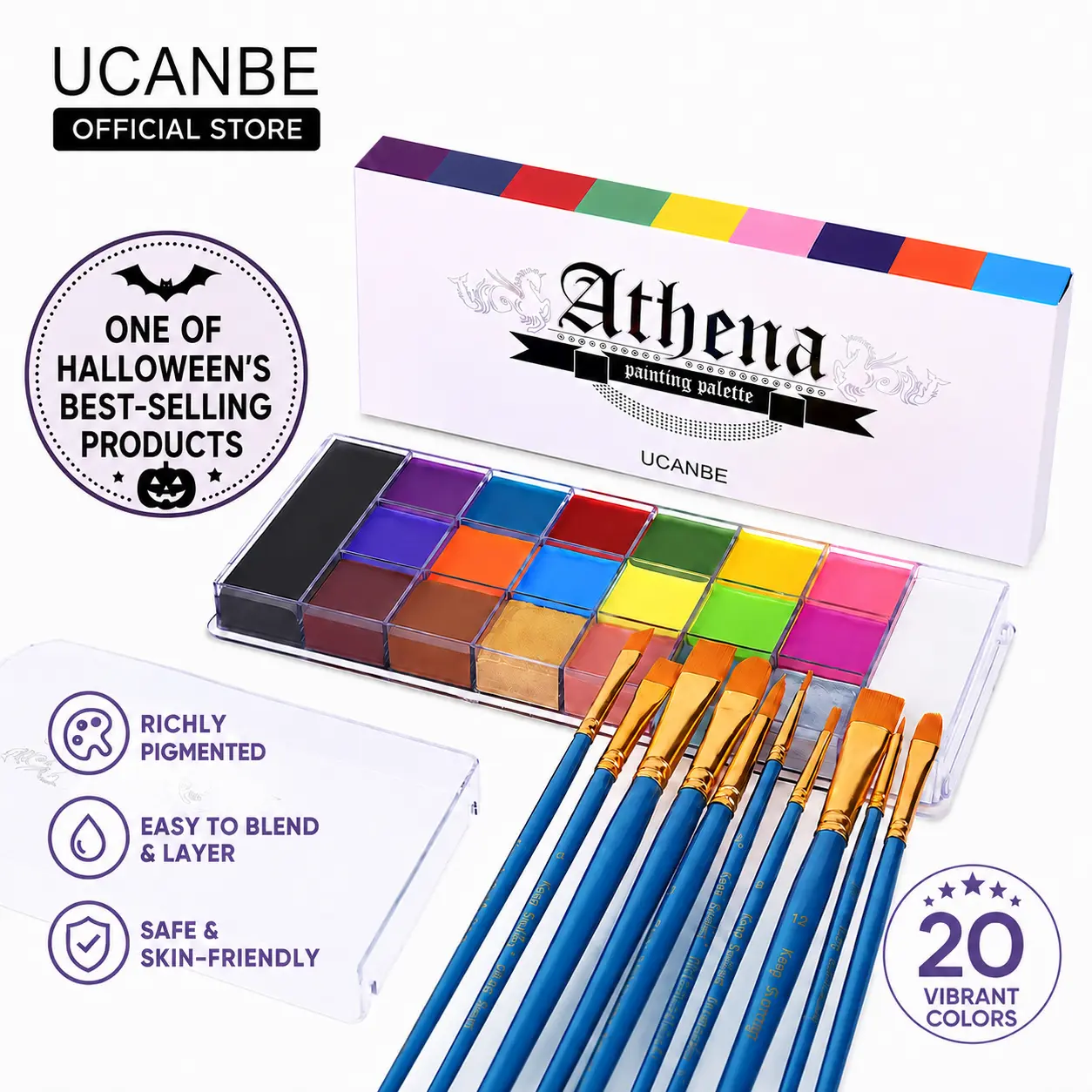 #backtoschool UCANBE Athena 20-Color Face & Body Oil Paint Palette - Safe Non-Toxic Professional Cosmetic Kit, Waterproof Temporary Tattoo, Halloween Special Effects, Cosplay Artistic Makeup for Adults,back to school