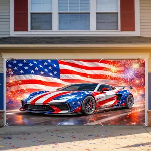 Nuxovilar Garage Door Covers Banner 6X13ft Polyester American Flag Sports Car Fireworks Backdrop Patriotic Hanging Decor Outdoor Indoor Garage Porch Yard