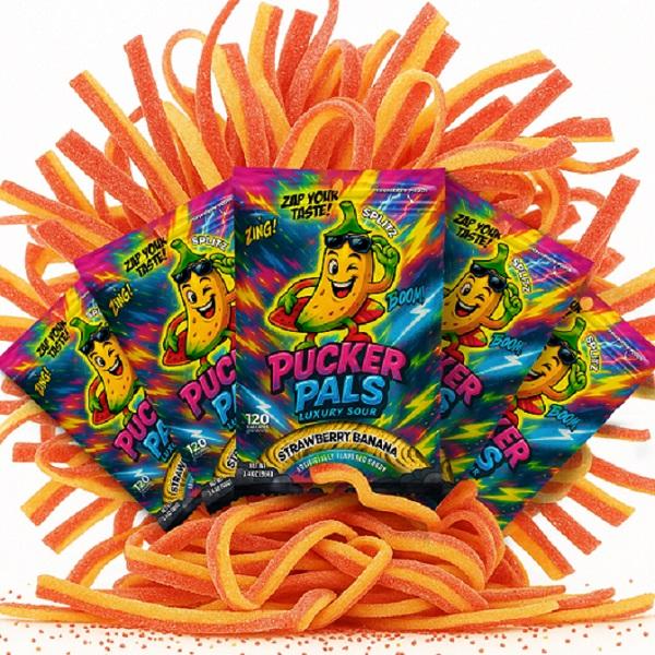 Pucker Pals Strawberry Banana Sour Candy – Extreme Sour Strips, Chewy Gummy Candy & Sour Gummies, Gummy Worms Style Bold Fun Treats for Kids, Boys, Girls, Teens & Adults, Halloween & Stocking Stuffers