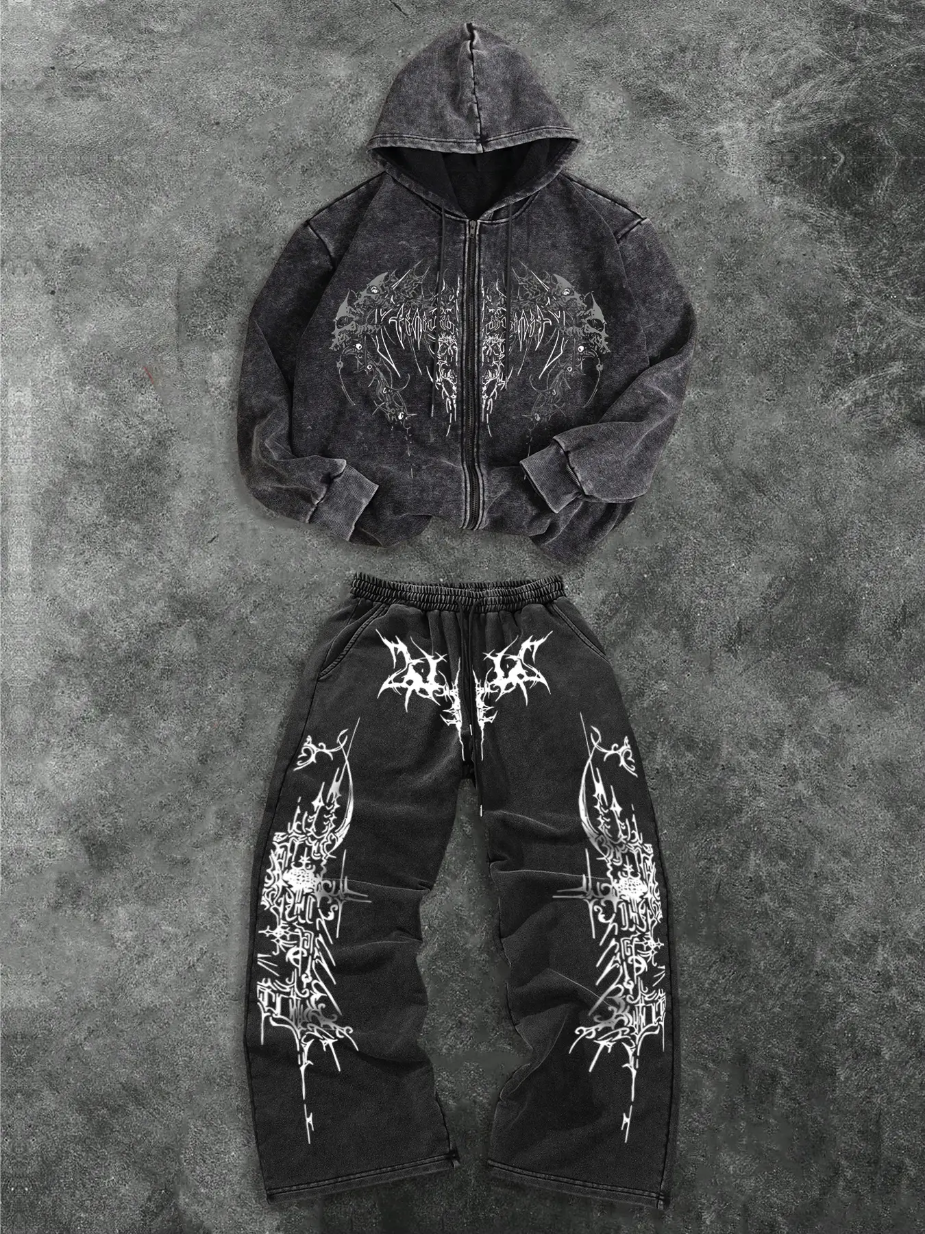 Men's Fashion Casual Two-Piece Set, Gothic Graphic Pattern Hooded Zipper Sweatshirt and Drawstring Wide Leg Pants, Spring Summer Sports Comfortable Cotton, Outfit, Print