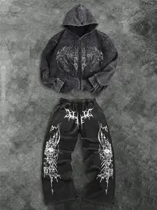 Men's Fashion Casual Two-Piece Set, Gothic Pattern Hooded Zipper Sweatshirt and Drawstring Wide Leg Pants, Spring Summer Sports Comfortable Cotton