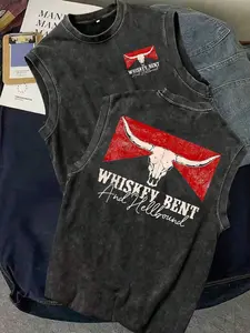 Retro Washed Black Oversized Tank Top, Western Bull Skull & Distressed Text Graphic Print, Casual Sleeveless Streetwear for Men & Women, Loose Fit for Outdoor & Daily Wear