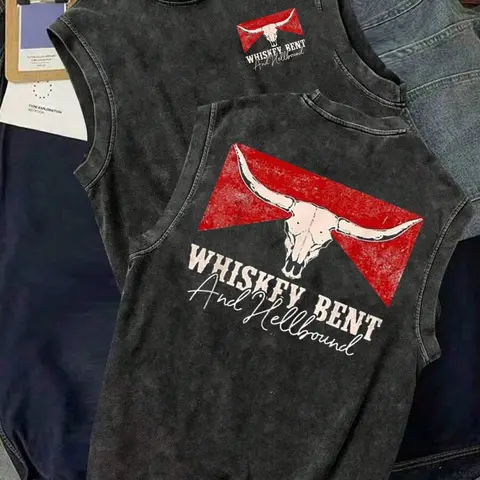 Men's Retro Washed Black Oversized Casual Loose-Fitting Sleeveless Vest Tank Top - Western Bull Skull Distressed Text Graphic Print, Stylish Streetwear Menswear, Ideal for Outdoors Daily Wear