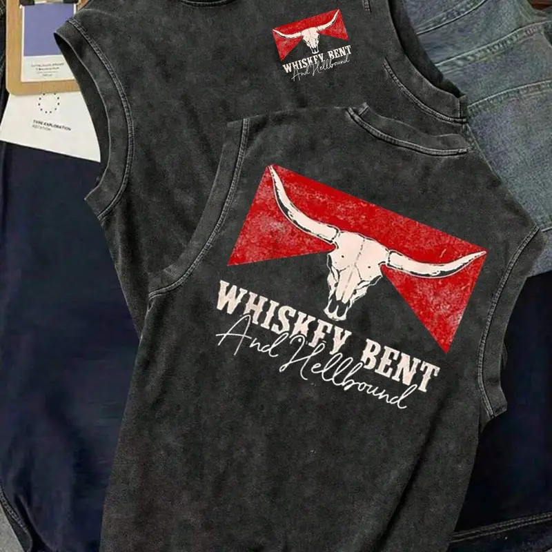 Men's Retro Washed Black Oversized Casual Loose-Fitting Sleeveless Vest Tank Top - Western Bull Skull Distressed Text Graphic Print, Stylish Streetwear Menswear, Ideal for Outdoors Daily Wear