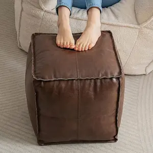 Square Stuffed Pouf Ottoman, Fluffy Pouf Foot Stool Storage Ottoman, Floor Pouf Foot Rest for Living Room, brown