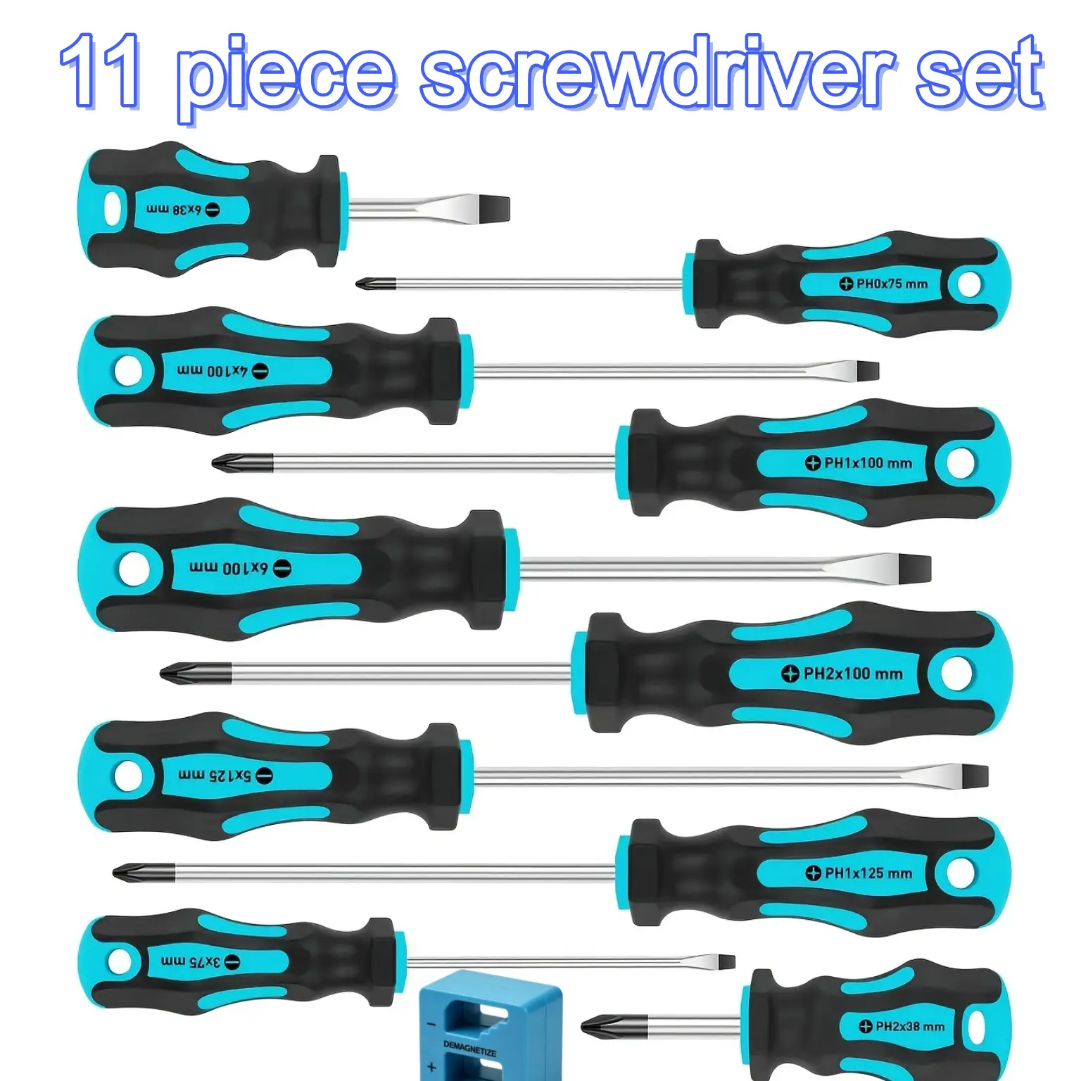 Professional Magnetic Screwdriver Set 11 Sizes Slotted Phillips Screwdrivers, Chrome Vanadium Shaft, Magnetizer Demagnetizer, Portable Clear Storage Canister, Non-Slip Grip Hand Tools for Household, Bicycle, Computer & Car Maintenance