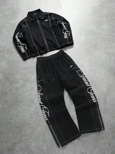 Aesthetic Black Streetwear Co-ord Set - Premium Full-Zip Collared Jacket with Adjustable Ankle Zipper Wide-Leg Pants - Minimalist Gothic Graphic Tracksuit for Daily Casual & TikTok Fitcheck