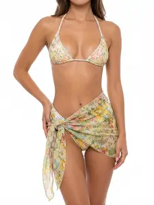 Sunkiss 3 Piece Paisley Triangle Bikini Set with Mini Sarong Skirt Cover Up, Halter High Cut Swimsuit with Charm Detail for Women Boho Beach Vacation & Poolside Wear